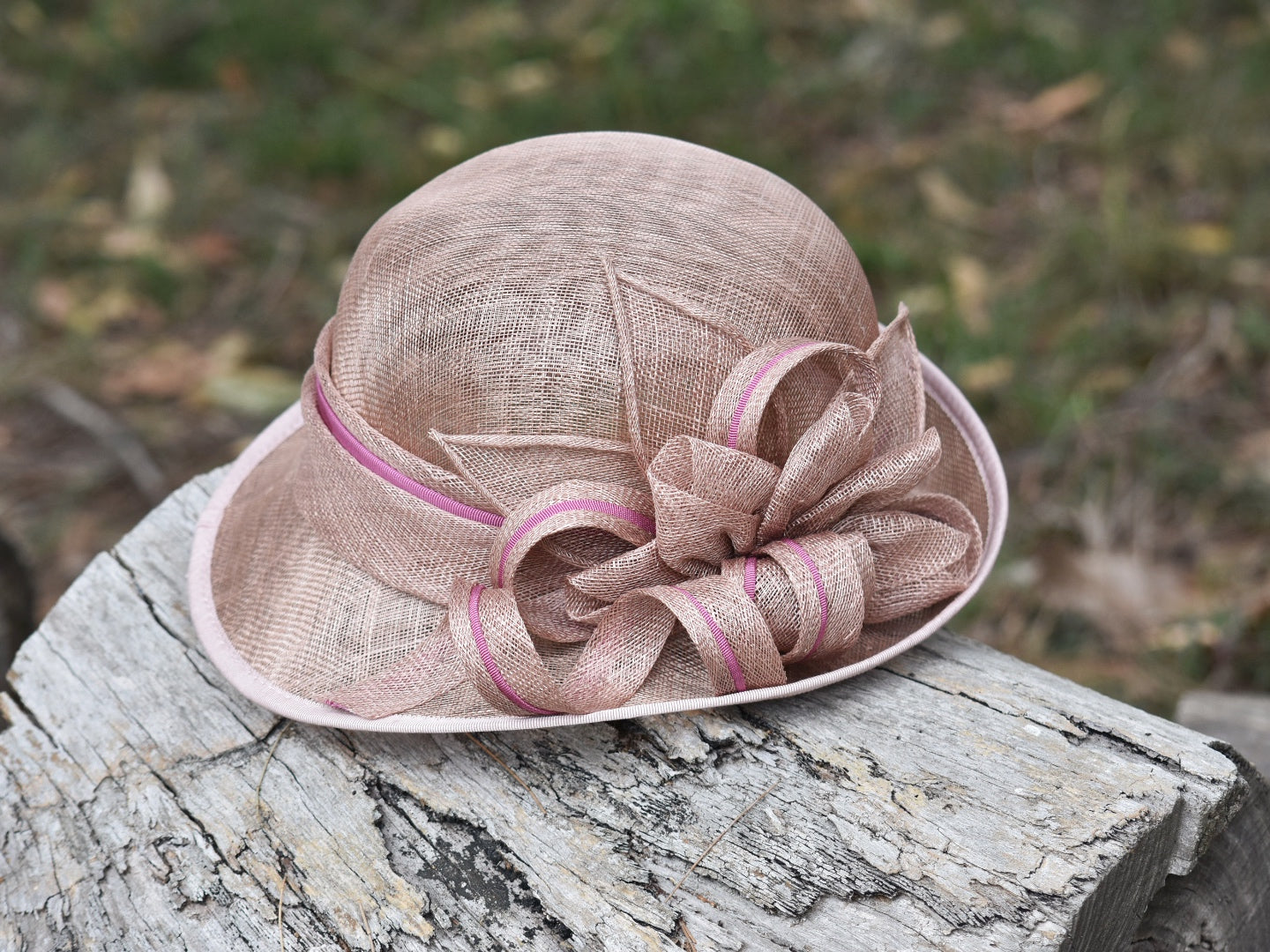 Latte Sinamay Hat with Pink Accents