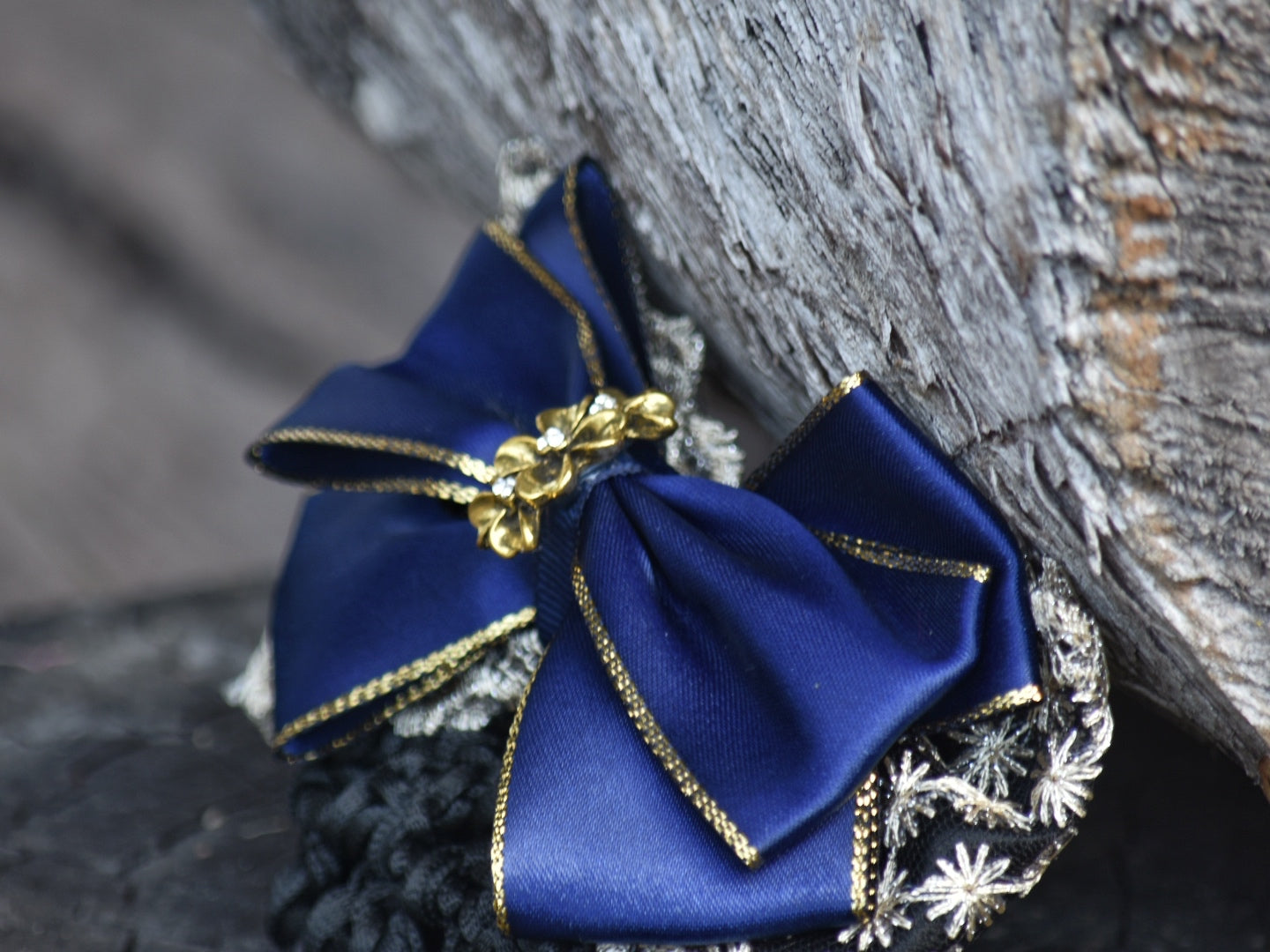 Navy & Gold Show Snood with Delicate Lace Bow