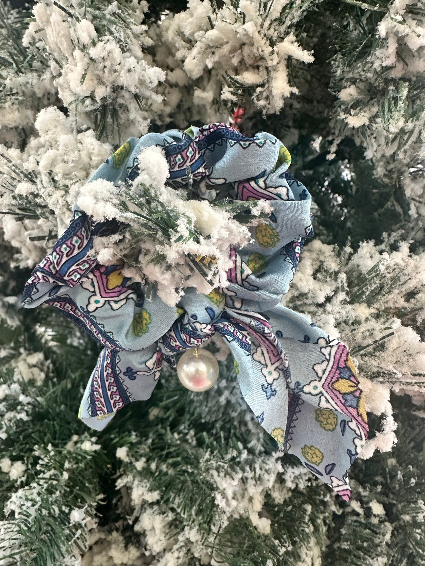 Satin Hair Scarf Scrunchies with Pearl Bead Charm