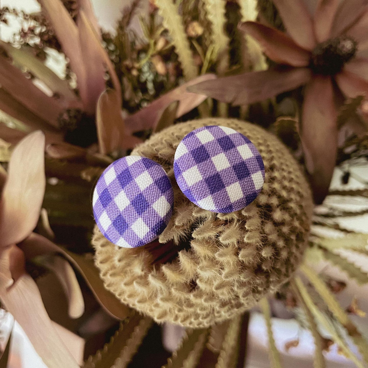 Handcrafted Purple Gingham Fabric Studs