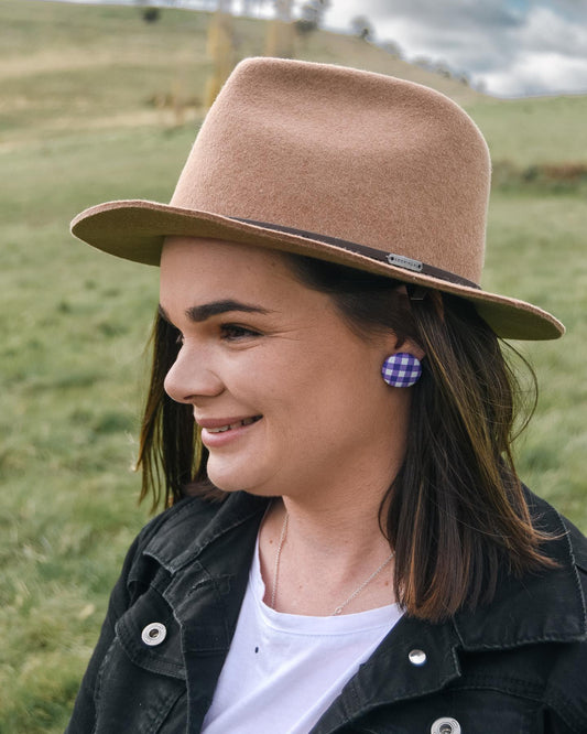 Handcrafted Purple Gingham Fabric Studs