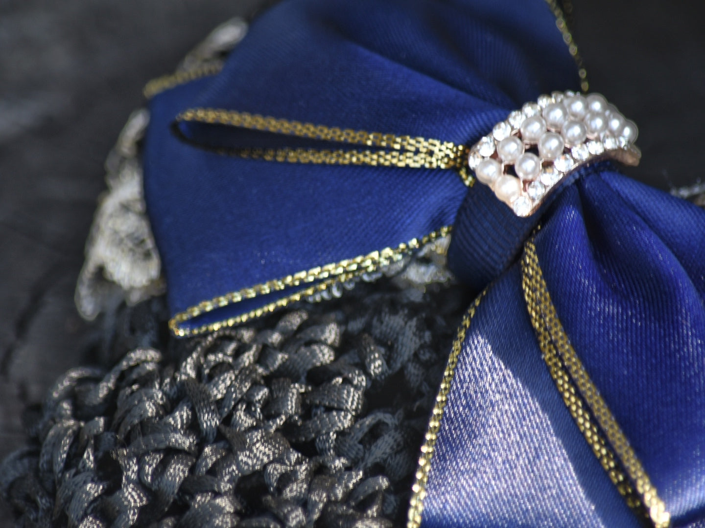 Navy & Gold Show Snood with Delicate Lace Bow