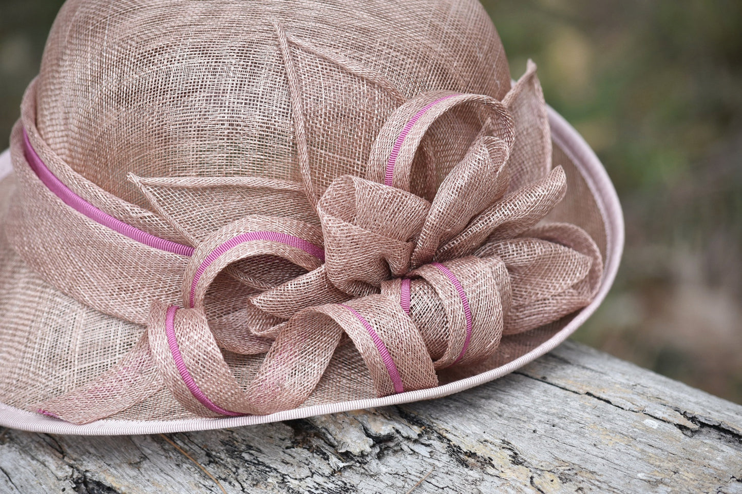 Latte Sinamay Hat with Pink Accents