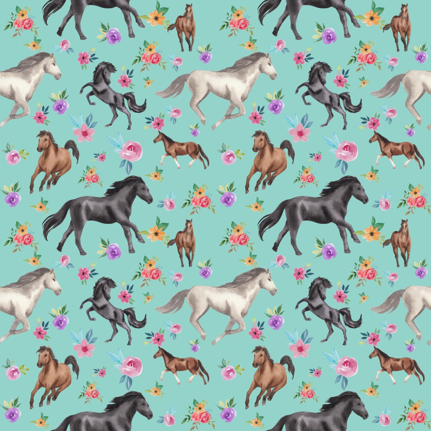 Pattern of horses and flowers on a teal background
