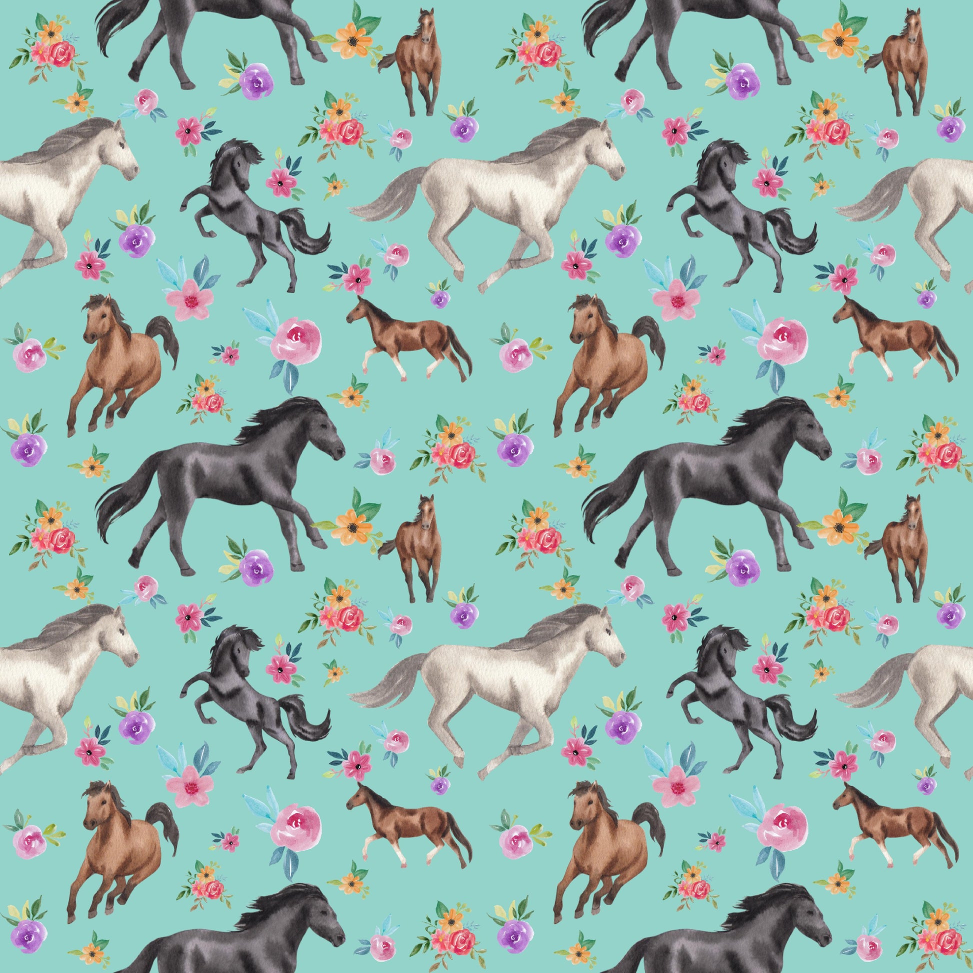 Pattern of horses and flowers on a teal background