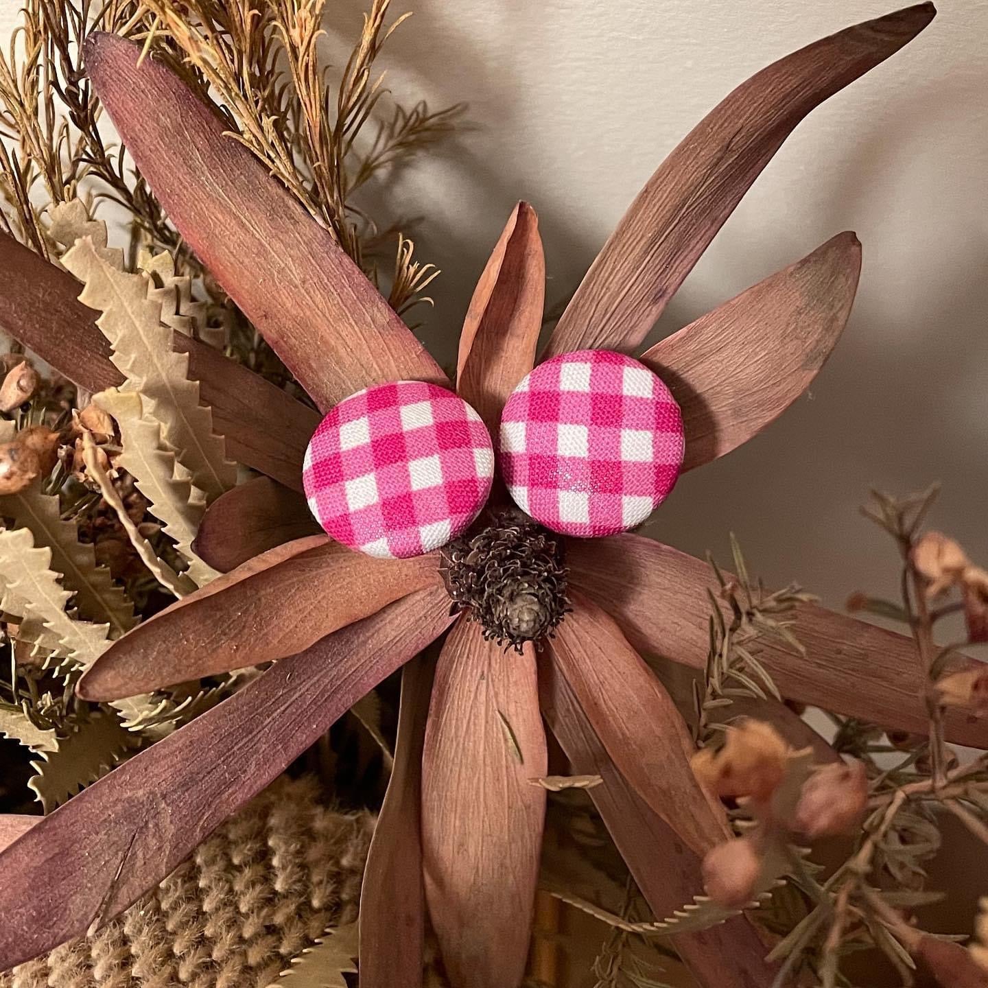 Handcrafted Hot Pink Gingham Fabric Studs