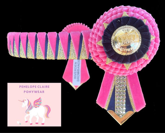 Pink/Navy/Gold Open Pony Browband 13"