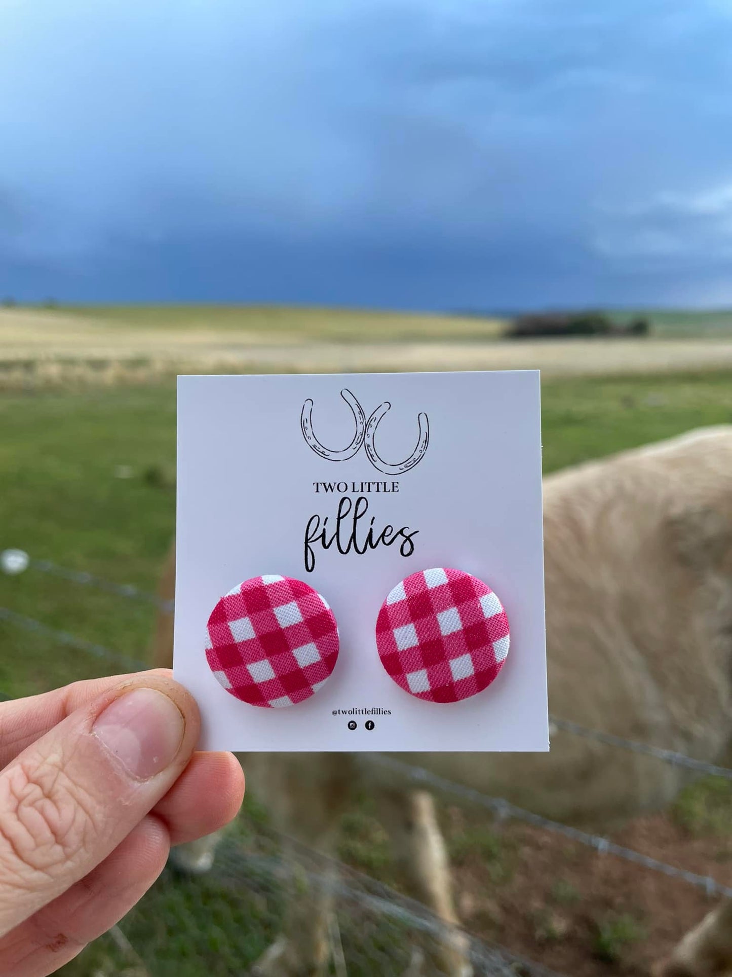 Handcrafted Hot Pink Gingham Fabric Studs